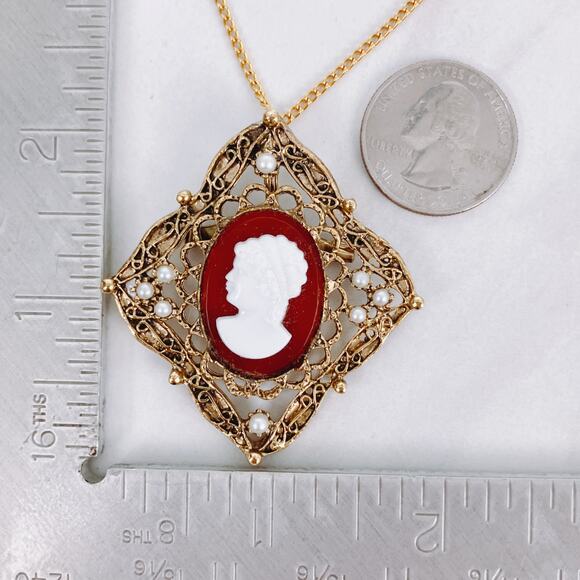 VTG Cameo Filigree Brooch Pendant Necklace Faux Pearl 60s 70s Victorian Revival - Picture 10 of 12